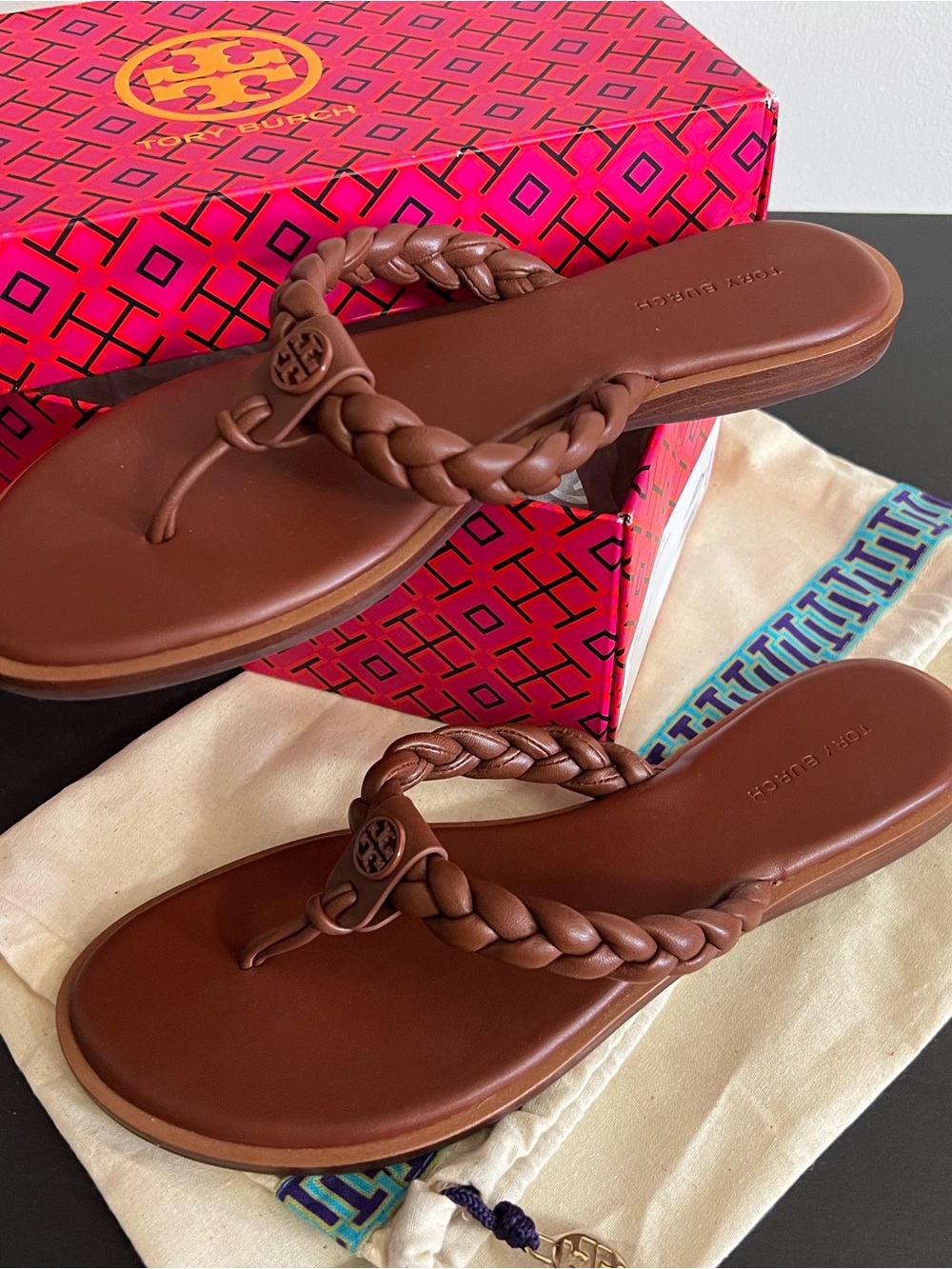 Tory Burch Chestnut Braided Leather Thong Sandals - Picture 2 of 4